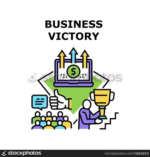 Business Victory Vector Icon Concept. Manager Business Victory In Financial And Achievement Competition, Growing Finance Income And Self-development. Winner Holding Golden Cup Color Illustration. Business Victory Vector Concept Color Illustration