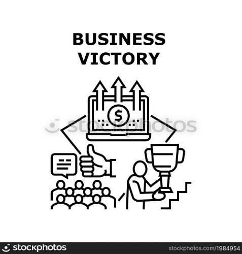 Business Victory Vector Icon Concept. Manager Business Victory In Financial And Achievement Competition, Growing Finance Income And Self-development. Winner Holding Golden Cup Black Illustration. Business Victory Vector Concept Black Illustration