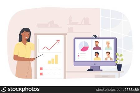 Business video conference, online team meeting concept. Vector communication business conference, online video screen illustration. Business video conference, online team meeting concept