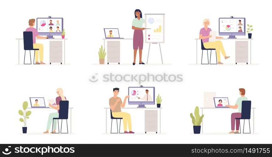 Business video conference. People work and meeting with video online software. Stay at home to prevent coronavirus covid-19 vector concepts. Conference online meeting, business group team illustration. Business video conference. People work and meeting with video online software. Stay at home to prevent coronavirus covid-19 vector concepts