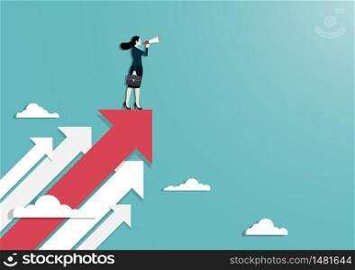 Business vision and target, a businesswoman holding megaphone standing on red arrow up go to success in career. Concept business, Achievement, Character, Leader, Vector illustration flat