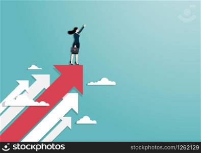 Business vision and target, A businesswoman raise hand standing on red arrow go to success in career. Concept business, Achievement, Character, Leadership, Vector illustration flat