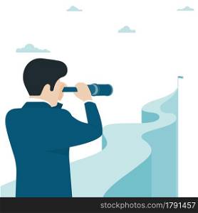 Business vision and target. Business man holding telescope standing on top of mountain looking to success in career. Concept business, Achievement, Character, Leader, Vector illustration flat