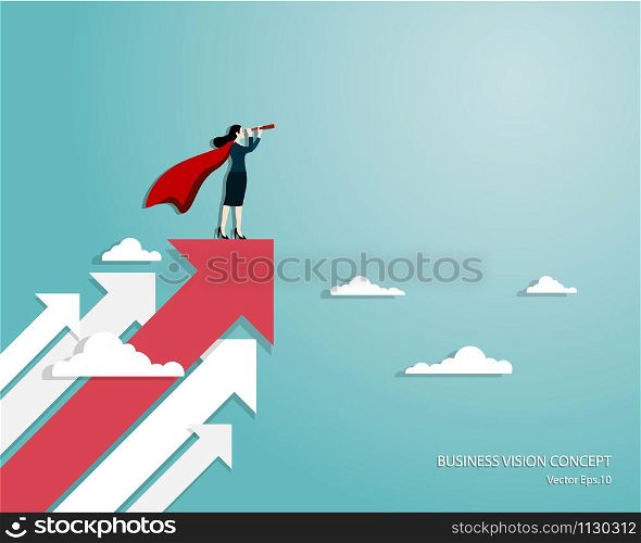 Business vision and target, Business woman holding telescope standing on red arrow up go to success in career. Concept business, Super businesswoman, Achievement, Character, Leader, Vector illustration flat
