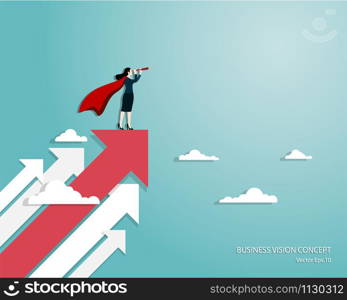 Business vision and target, Business woman holding telescope standing on red arrow up go to success in career. Concept business, Super businesswoman, Achievement, Character, Leader, Vector illustration flat