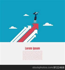 Business vision and target, Business woman holding telescope standing on red arrow up go to success in career. Concept business, Achievement, Character, Leader, Vector illustration flat