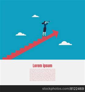 Business vision and target, Business woman holding telescope standing on red arrow up go to success in career. Concept business, Achievement, Character, Leader, Vector illustration flat
