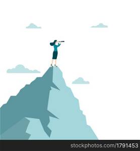 Business vision and target. Business woman holding telescope standing on top of mountain looking to success in career. Concept business, Achievement, Character, Leader, Vector illustration flat