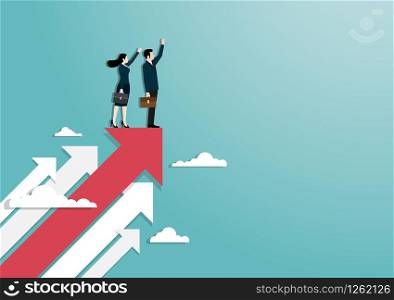 Business vision and target, Businessman and woman raise hand standing on red arrow go to success in career. Concept business, Achievement, Character, Leadership, Vector illustration flat