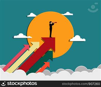 Business vision and target. Businessman holding telescope standing on arrow up go to success in career. Concept business, Achievement, Character, Leader, Vector illustration flat