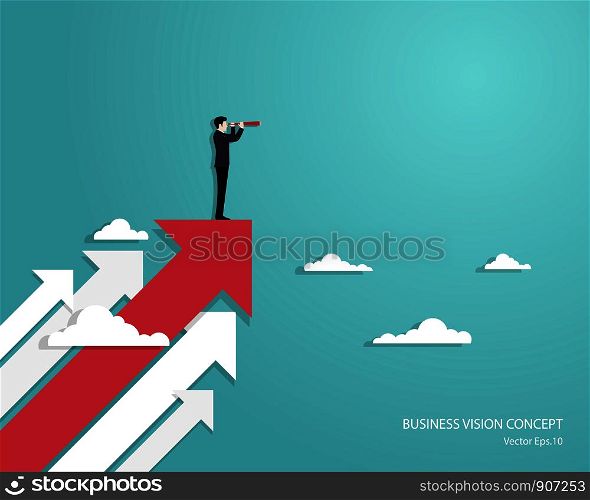 Business vision and target, Businessman holding telescope standing on red arrow up go to success in career. Concept business, Achievement, Character, Leader, Vector illustration flat