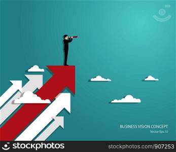 Business vision and target, Businessman holding telescope standing on red arrow up go to success in career. Concept business, Achievement, Character, Leader, Vector illustration flat