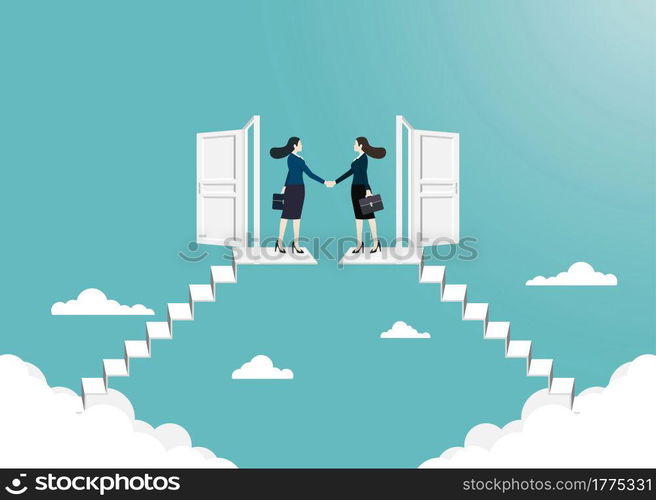 Business vision and target, Businesswoman handshaking at outdoor. Open the door up go to success in your career. Concept business, Achievement, Character, Leader, Vector illustration flat