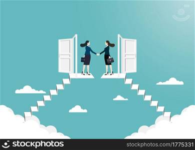 Business vision and target, Businesswoman handshaking at outdoor. Open the door up go to success in your career. Concept business, Achievement, Character, Leader, Vector illustration flat