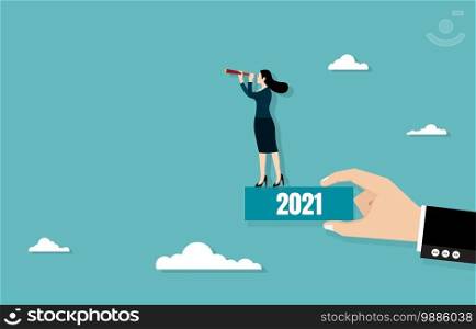 Business vision and target. Businesswoman holding telescope standing on the box in hand. She looks at go to success in career. Concept business, Achievement, Character, Leader, Vector illustration flat
