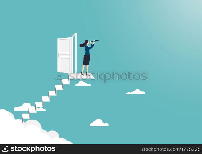 Business vision and target, Businesswoman holding telescope standing on to the ladder open the door up go to success in career. Concept business, Achievement, Character, Leader, Vector illustration flat
