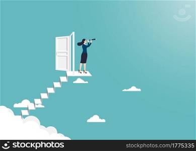 Business vision and target, Businesswoman holding telescope standing on to the ladder open the door up go to success in career. Concept business, Achievement, Character, Leader, Vector illustration flat