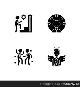 Business vision black glyph icons set on white space. Employee persistence. Customer centricity. Office fun with coworker. Business humility. Silhouette symbols. Vector isolated illustration. Business vision black glyph icons set on white space