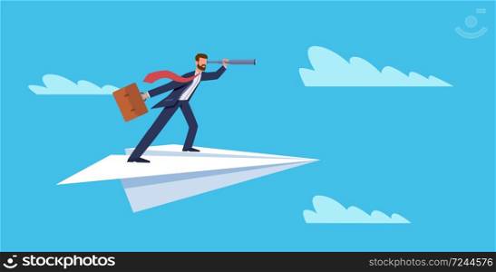 Business vision. Businessman flying on paper plane with telescope, success and ambition symbol, leadership and new idea, planning and strategy flat vector concept. Business vision. Businessman flying on paper plane with telescope, success and ambition symbol, leadership and new idea flat vector concept