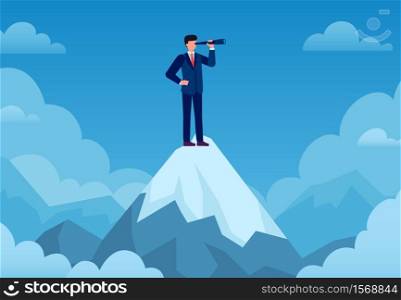 Business vision. Businessman on mountain peak with telescope looking new idea, business startup, visionary forecast, success vector concept. Businessman vision in telescope, success peak illustration. Business vision. Businessman on mountain peak with telescope looking new idea, business startup, visionary forecast, success vector concept