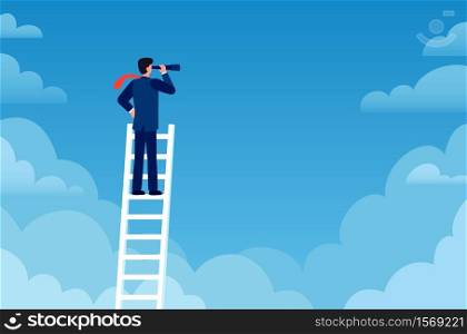 Business vision. Businessman stands on career ladder with telescope. Promotion, success new opportunities, visionary strategy vector concept. Achieving objectives and goals, man looking in sky. Business vision. Businessman stands on career ladder with telescope. Promotion, success new opportunities, visionary strategy vector concept