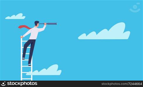 Business vision. Cartoon businessman stands on ladder in clouds with telescope, leadership, ambition and success symbol, new idea and career vector concept. Business vision. Businessman stands on ladder in clouds with telescope, leadership and success symbol, new idea and career vector concept