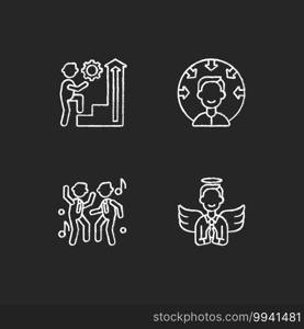 Business vision chalk white icons set on black background. Employee persistence. Customer centricity. Office fun with coworker. Business humility. Isolated vector chalkboard illustrations. Business vision chalk white icons set on black background