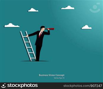 Business vision concept. Businessman holding telescope standing on top of ladder above clouds. Symbol of leadership, Career ladder, Visionary, Achievement, Promotion. Vector illustration flat