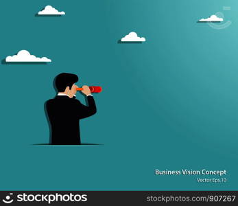 Business vision concept. Businessman looking through telescope on empty background. Achievement, Success, Leadership, Growth, Opportunity. Vector illustration flat