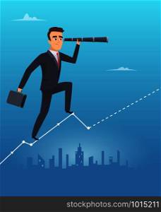 Business vision concept. Male businessman stands on chart looks through telescope professional control corporate growth vector. Illustration of business male with telescope. Business vision concept. Male businessman stands on chart looks through telescope professional control corporate growth vector