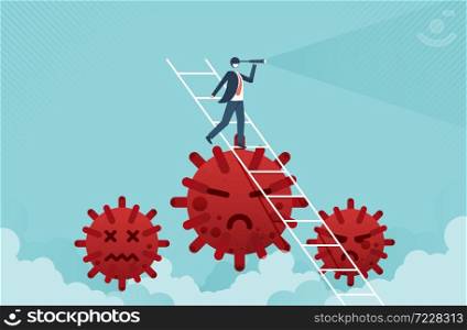 Business vision concept with businessman leader holding telescope on top of ladder above Coronavirus pathogen and Coronavirus COVID-19 pandemic causing financial crisis and economy recession.