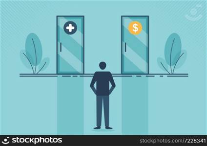 Business vision concept with businessman must choose a door between money and health. Vector illustration cartoon design.