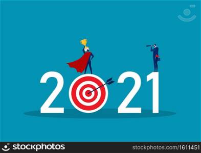 Business vision with binoculars for opportunities in spyglass on 2021 year the target