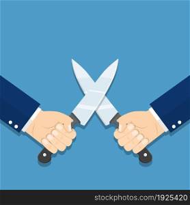 Business war, struggle, competition concept. Solution of conflict fight with knives. Man holding a knife in his hand. vector illustration in flat style.. Business competition concept