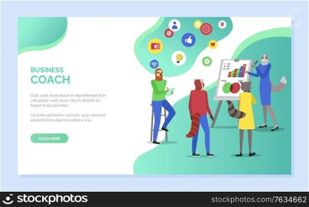 Business web coach, hipster animals cooperation, trainer showing rising chart or statistic on board, teamwork discussion, seminar education vector. Website or webpage template, landing page flat style. Hipster Animal Seminar, Business Coach Vector