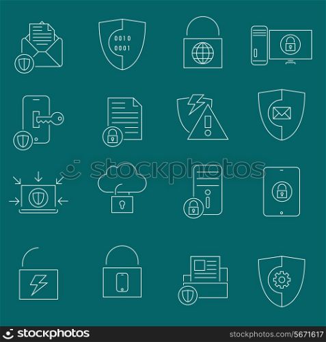 Business website protection technology and cloud connection security icons set outline vector illustration