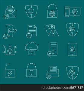 Business website protection technology and cloud connection security icons set outline vector illustration