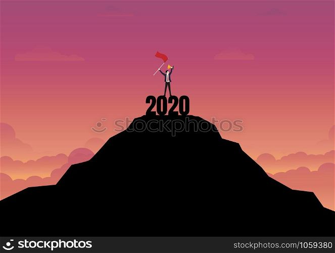 Business winner concept. Silhouette businessman holding gold trophy and red flag stand on top of mountain with sunset background. Achievement, New year 2020, Vector illustration flat