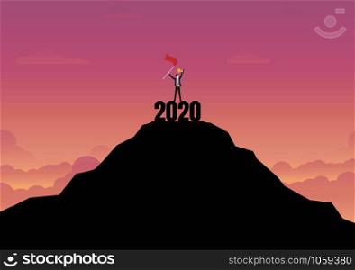 Business winner concept. Silhouette businessman holding gold trophy and red flag stand on top of mountain with sunset background. Achievement, New year 2020, Vector illustration flat