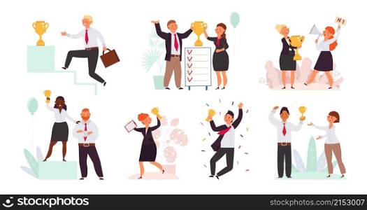 Business winner success characters. Best employees, office person stand on podium. Man woman hold trophy, award celebrations vector. Success winner employee, teamwork and leadership illustration. Business winner success characters. Best employees, office person stand on podium. Man woman hold trophy, award celebrations decent vector scenes