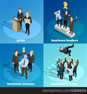 Business Winning Leaders 4 Isometric Icons. Successful leading business projects managers winners concept 4 isometric icons square with prize money award isolated vector illustration