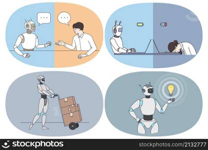 Business with Artificial intelligence concept. Set of robots working as humans waiting for interview with humans working in office full of energy holding light bulb having great idea. Business with Artificial intelligence concept