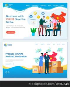 Business with China search niche and relation between counties. Trade and selling products from asian country. People negotiating price. Website or webpage template, landing page vector in flat style. Business with China Search Niche, US Relations