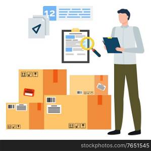 Business with China worker researching near cardboard packages. International logistic service man courier standing near goods. Paper report, loupe symbol and transportation cargo object vector. China Logistic Business Cardboard Parcel Vector