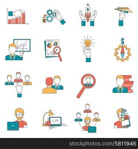 Business with startup ideas realization and team icons set flat isolated vector illustration . Business icons set