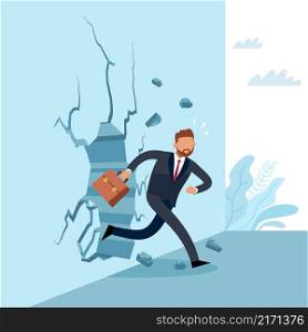 Business without barriers. Overcoming obstacles. Breakthrough next level, new opportunities. Businessman in suit running through wall, creativity and innovation strategy. Vector cartoon flat concept. Business without barriers. Overcoming obstacles. Breakthrough next level, new opportunities. Businessman in suit running through wall, creativity and innovation strategy. Vector concept