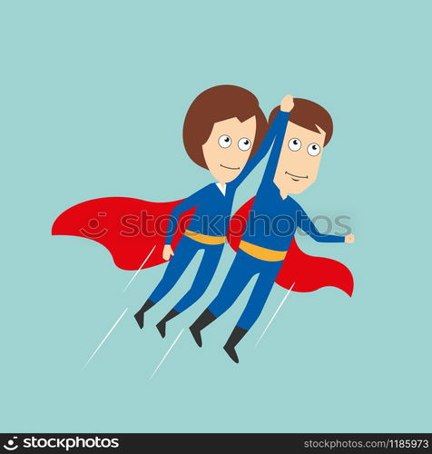 Business woman and businessman in superhero costumes with red capes flying up holding hands, for super business team or partnership concept design. Cartoon flat style. Superheroes business woman and businessman flying