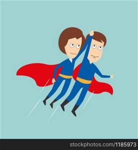 Business woman and businessman in superhero costumes with red capes flying up holding hands, for super business team or partnership concept design. Cartoon flat style. Superheroes business woman and businessman flying