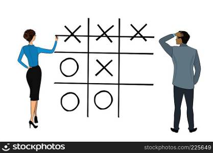 Business woman and businessman play tic tac toe game, isolated on white background,, stock vector illustration. Business woman and businessman play tic tac toe game