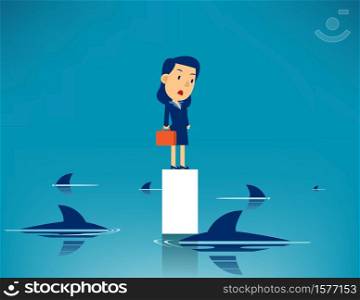 Business woman and Surrounded shark. Concept business trap vector illustration, Challenge, Dangerous, Kid flat cartoon character style design.